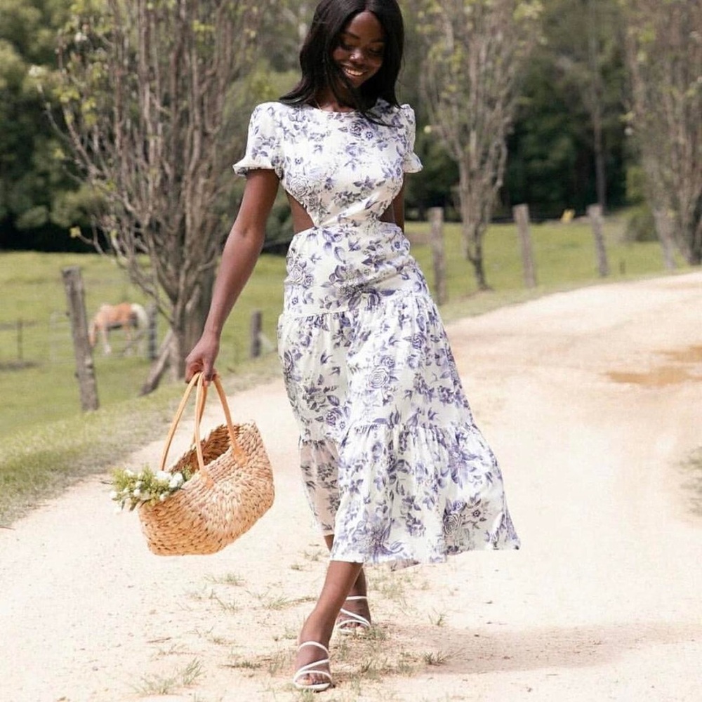 Petal & Pup Riccardo Dress Blue Floral Midi wedding guest graduation NWT Size 8